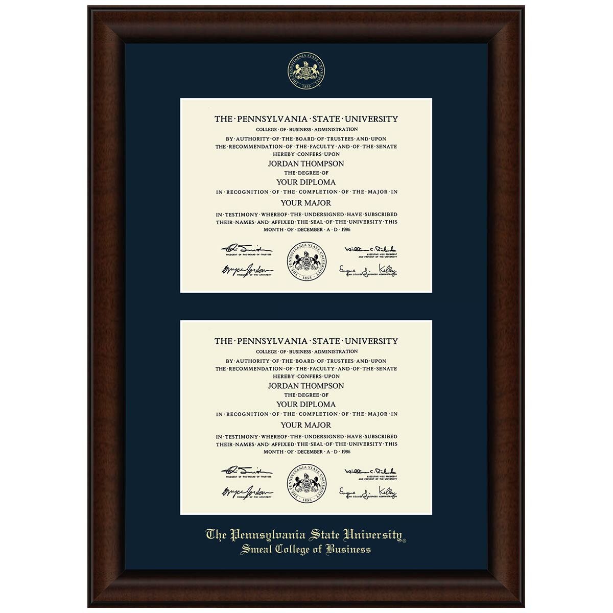#106 Penn State Smeal College of Business double diploma frame Lenox (Walnut)